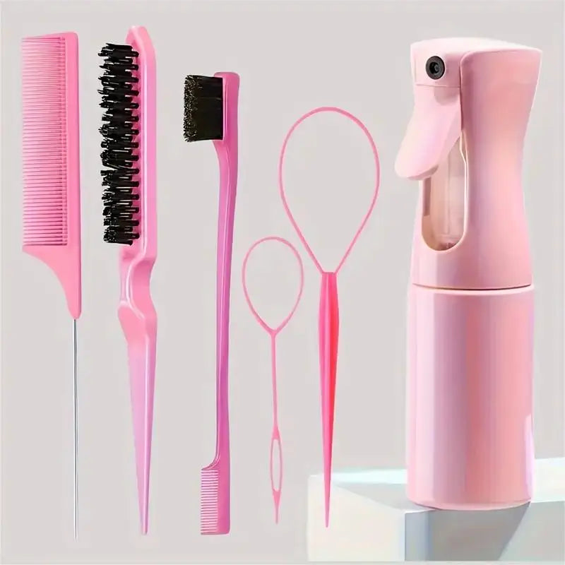 6pcs/Set Hair Brush Set Hairdressing Spray Bottle Hair Braiding Loop Rat Tail Comb Teasing Hair Brsuh Edge Control Hair Brush